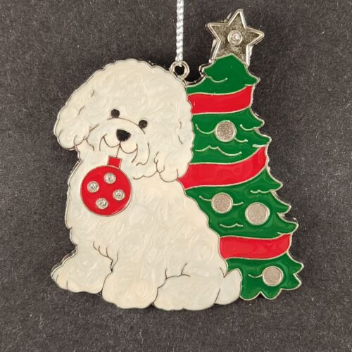 Danbury Mint Bichon Frise Metal JEWELED TREE & SLED Ornaments Enamel Finish