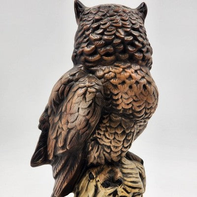 Bisque Owl Figurine on Tree Stand 12" Ceramic Hand Painted Byron Mold 1977 Vtg