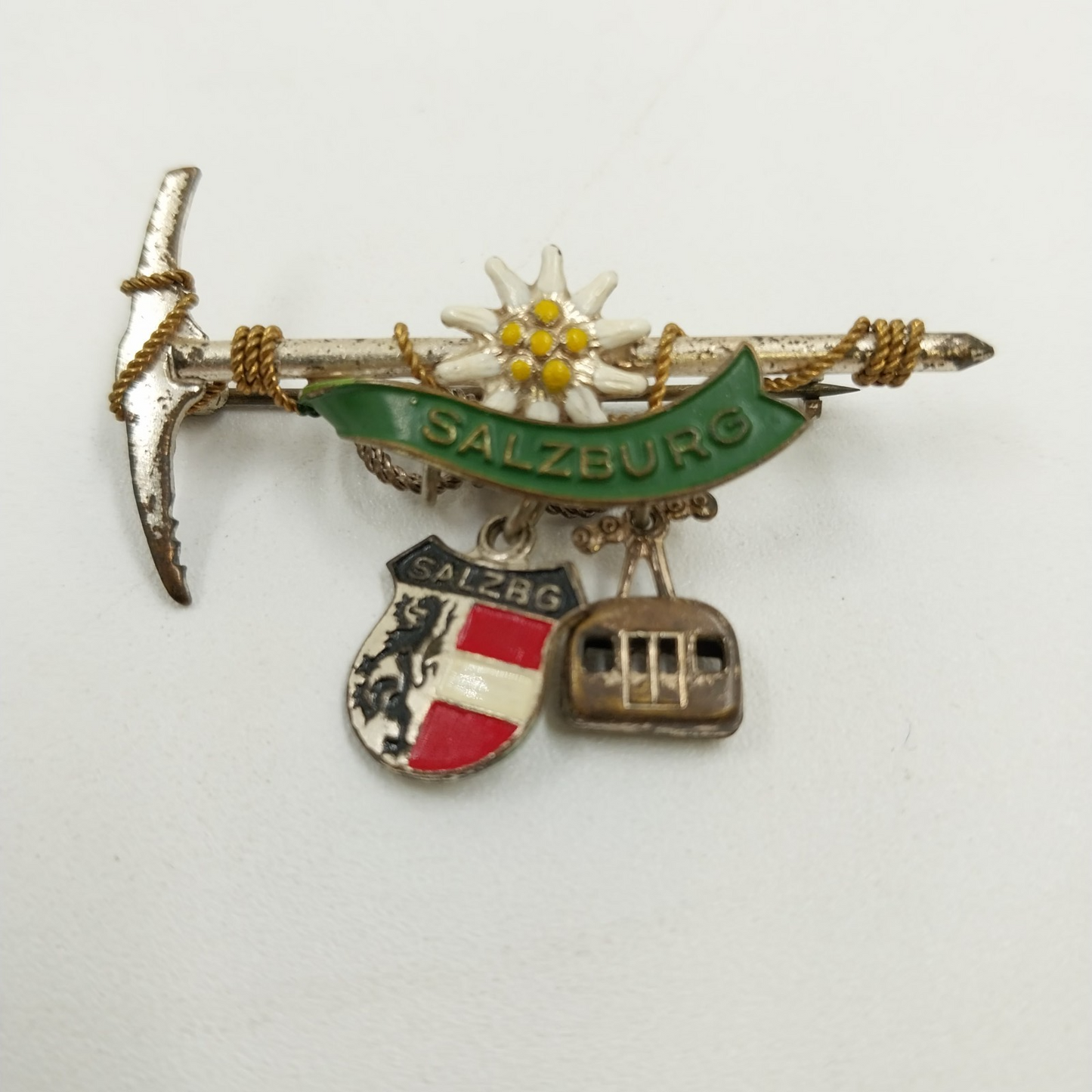 Salzburg Austria Brooch Pin Badge Featuring Ice Axe Edelweiss Flower w 3 Charms