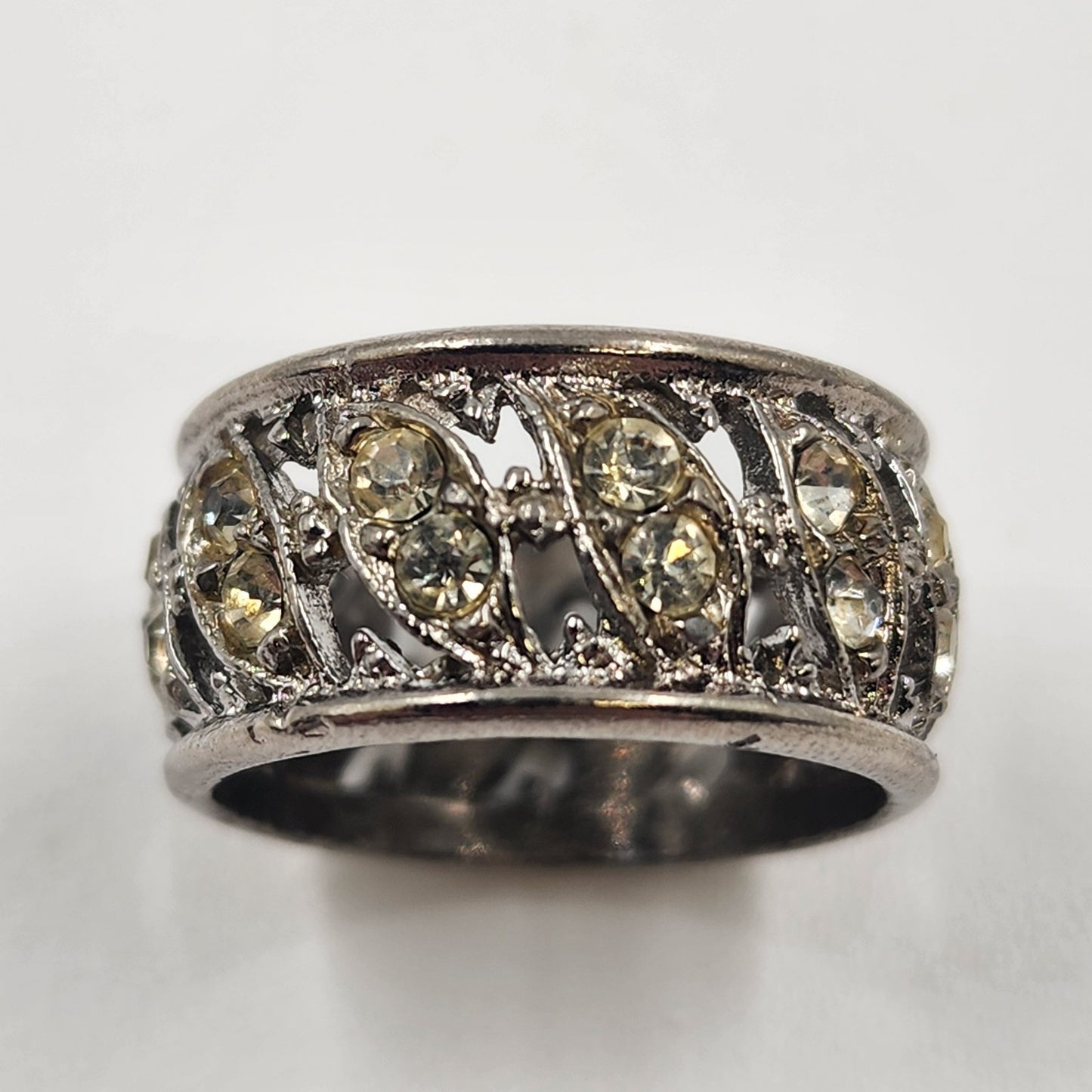 Silver Tone Eternity Ring with Clear Crystal Yellow Rhinestone Size 7 Vintage