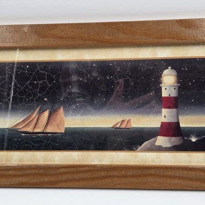 Set 2 Martin Wiscombe Lighthouse Print Wall Art Brown Frame Distressed 10.5x22.5
