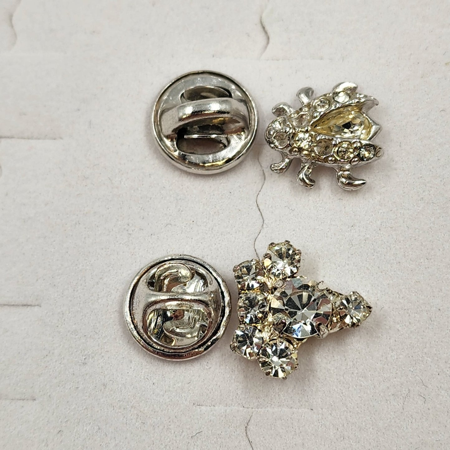 Set of 2 Rhinestone Lapel Pins Silver Tone Ladybug & Cluster Brooch 0.5" Long