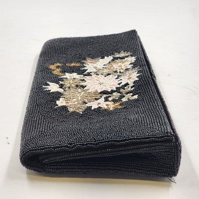Black Small Beaded Clutch Purse 3 Inner Pockets Flower Embroidered w Glass Beads