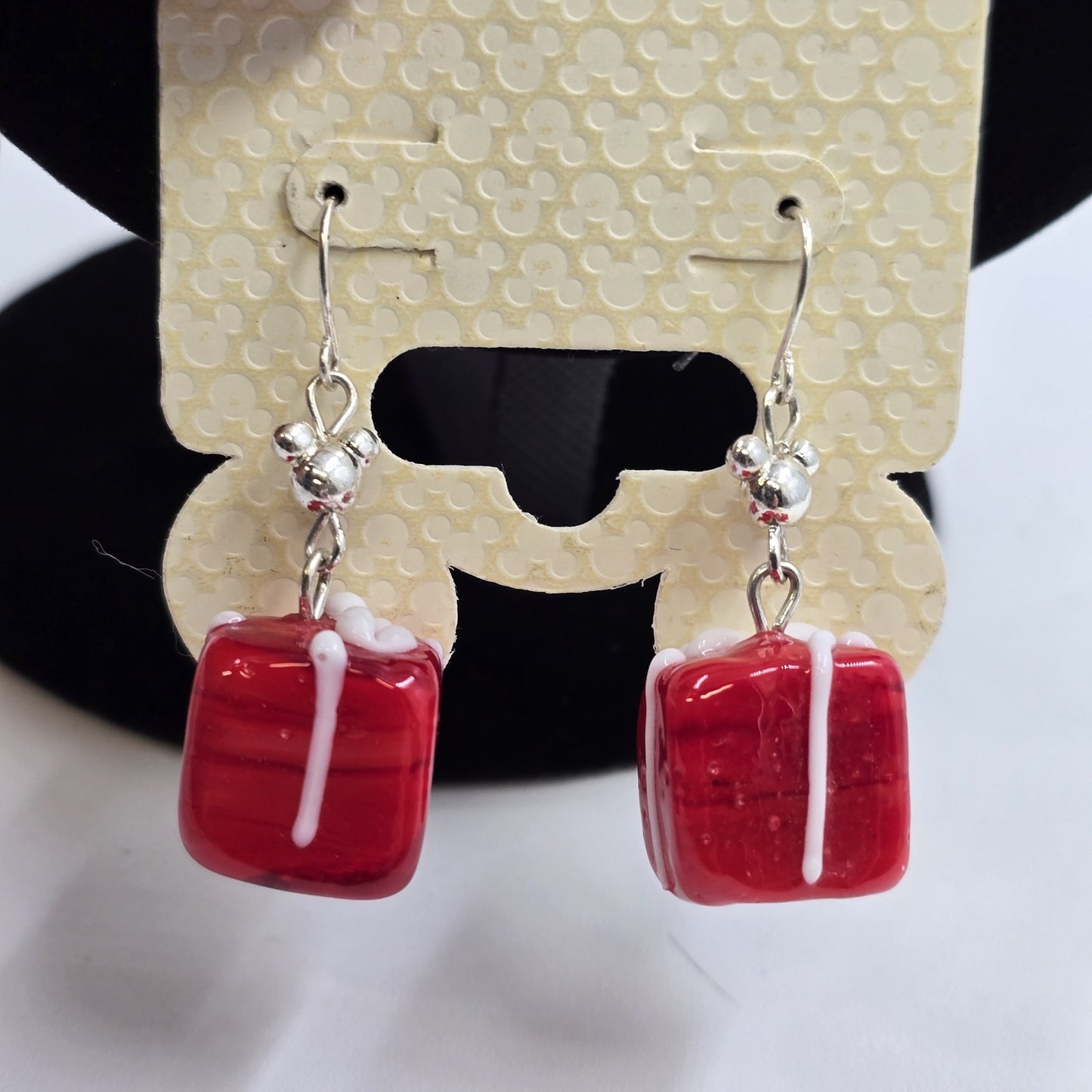 2 Earrings Silver Tone Red Faux Pearl Bead Drop & Disney Red Present Gift Dangle