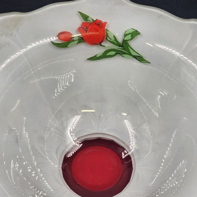 Indiana Glass White Console Flared Footed Bowl w Red Flashed Tulips Ruffled Edge