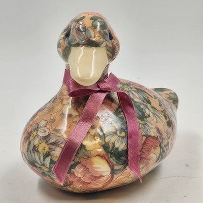 Duck Decoy Floral Decoupage Decorative Porcelain w Display Ribbon Felt Base 8.5"