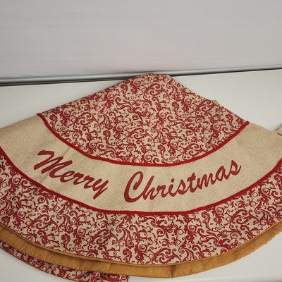 Tree Skirt Merry Christmas Red and Cream Patterned Burlap Red Piping Large 48"