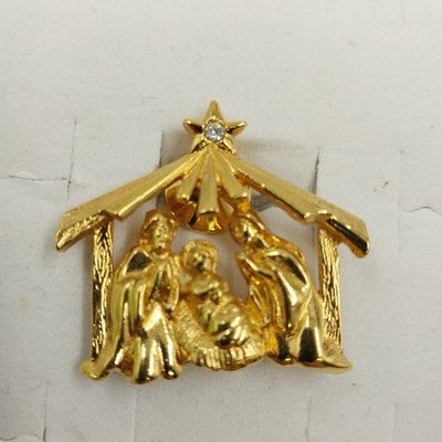 Gold Tone Manger Nativity Scene Pin Brooch Baby Jesus Mary Joseph Crystal Stone