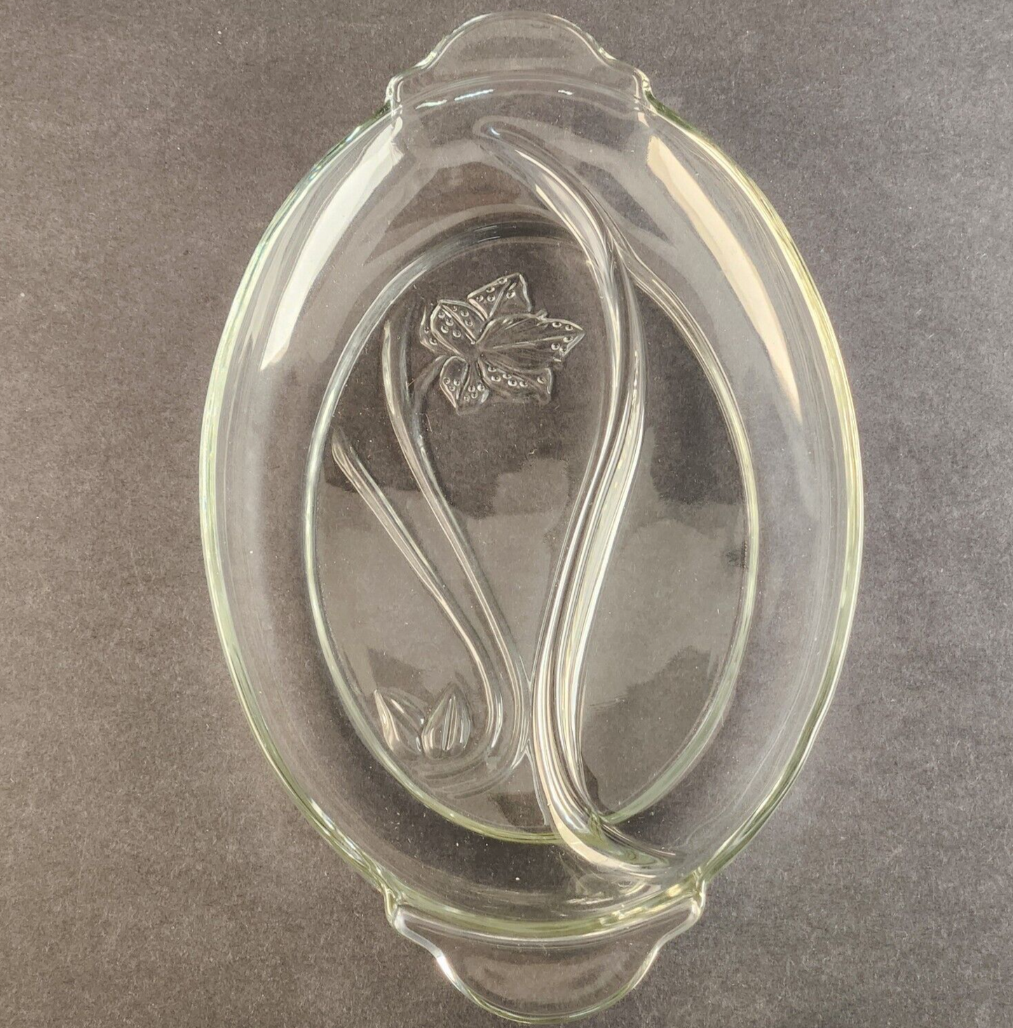 13" Oval 2 Section Relish Dish Clear Glass Frosted Leaf Anchor Hocking Vintage