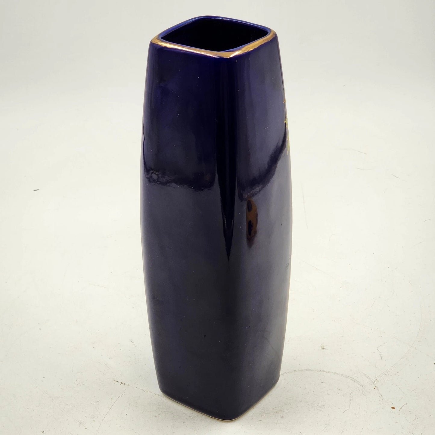Kutani Interpur Peacocks Floral Vase Cobalt Blue & Gold Trim Japan 9.25”