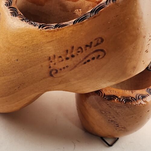 Pair Wooden Shoes Wall Hanging Small Dutch Holland Carved Planters 2 Pc 1960s