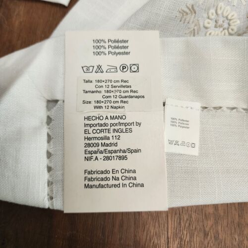 El Corte Ingle's Embroidered White Polyester Tablecloth 70" x 106" & 11 Napkins