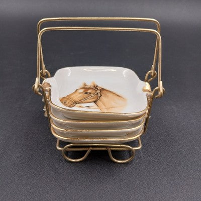 Set of 4 Art Line Ashtrays Horse Heads Gold Rimmed Ornamental Wire Holder Japan