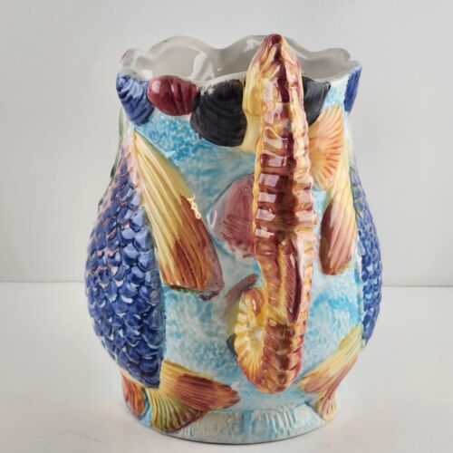 Fl Orgia Ceramic Pitcher Italy Hand Painted Seahorse Handle Fish Starfish Shells