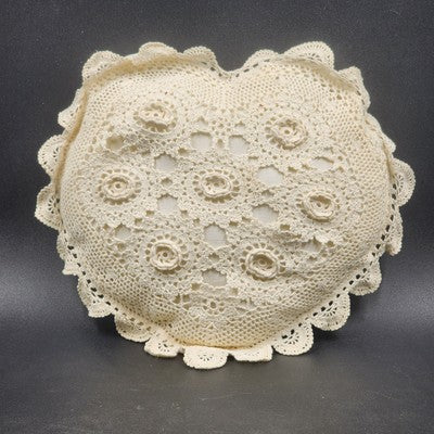 Pillow Heart Shaped Crocheted Cream Ivory Rustic Cushion Removable 12” X 14” 70s