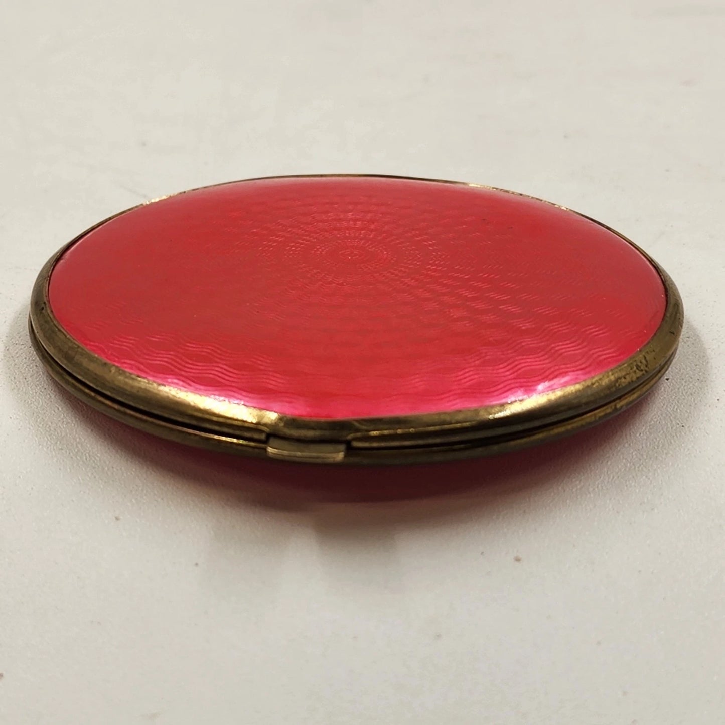 Guilloche Enamel Compact Hot Pink Red Mirror Brass Rim West Germany