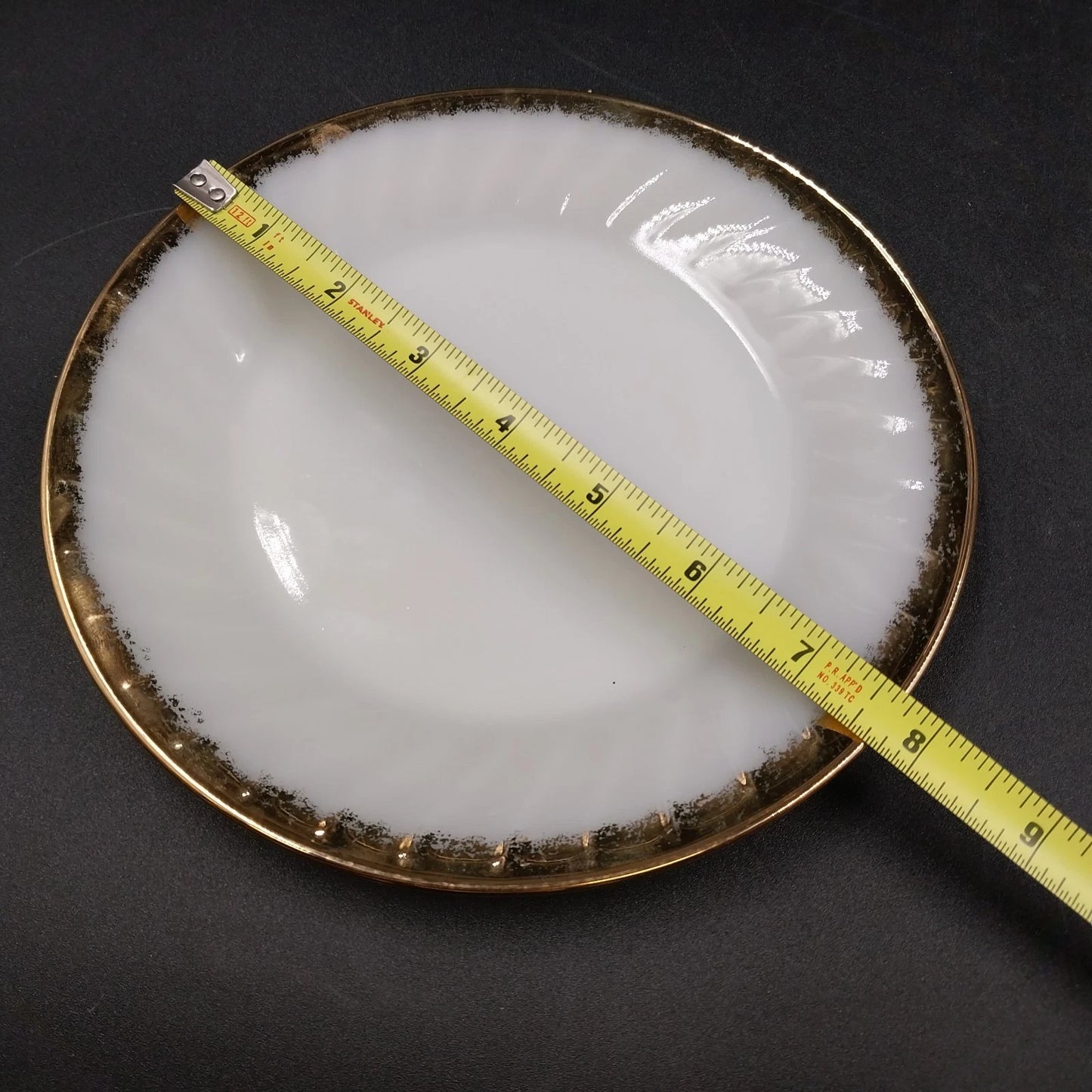 4 Fire-King Anchor Hocking White Swirl Milk Glass Salad Plates Gold Trim USA Vtg