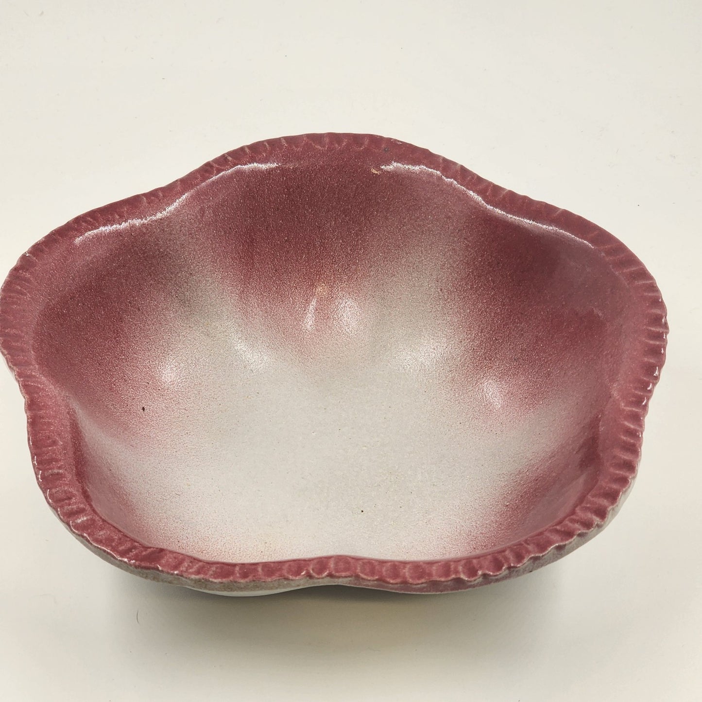 Handmade Studio Art Red Clay Serving Bowl Pink to White Glaze 9" x 2.5" Signed