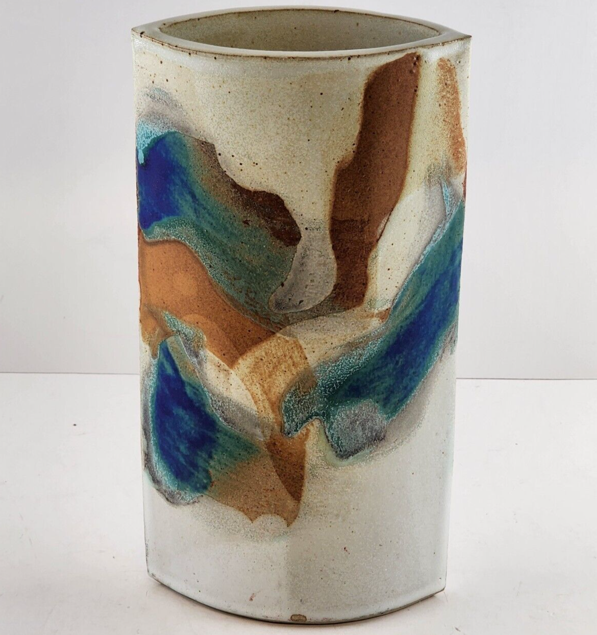 Evelyn LaMers Pottery Handmade Ellipse Vase Distinct Glaze Coloring 9.5" Vintage