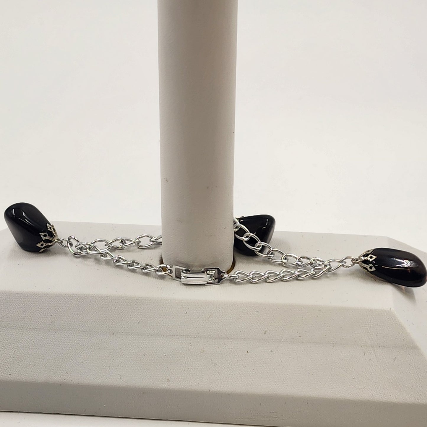 Polished Charm Black Amethyst Silver Tone Bracelet 8" Chain Aluminum Link
