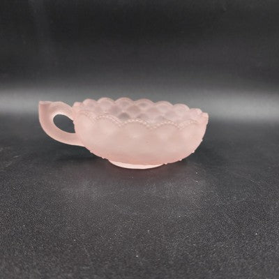 Imperial Glass Pink Frosted Satin Pansy Dish Handle Candy Trinket Bowl Chipped