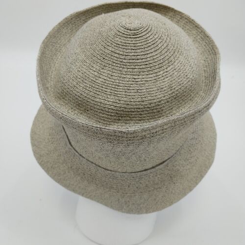 Deborah Rhodes Brimmed Hat Gray Straw Weave Bows Buttons 2.5" Women Medium