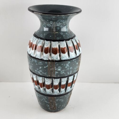Lava Glaze Italian Flared Vase Gray Patterned Signed MCM Vintage 9" High