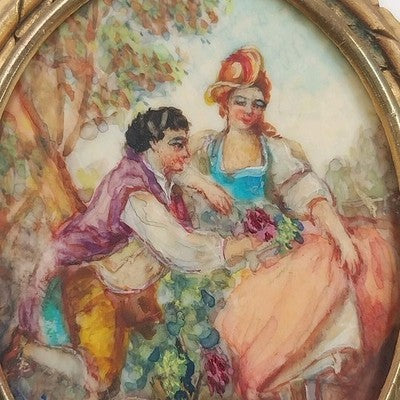 Limoges Courting Couple Romantic Theme Oval Brooch Pin Gold Plate Porcelain