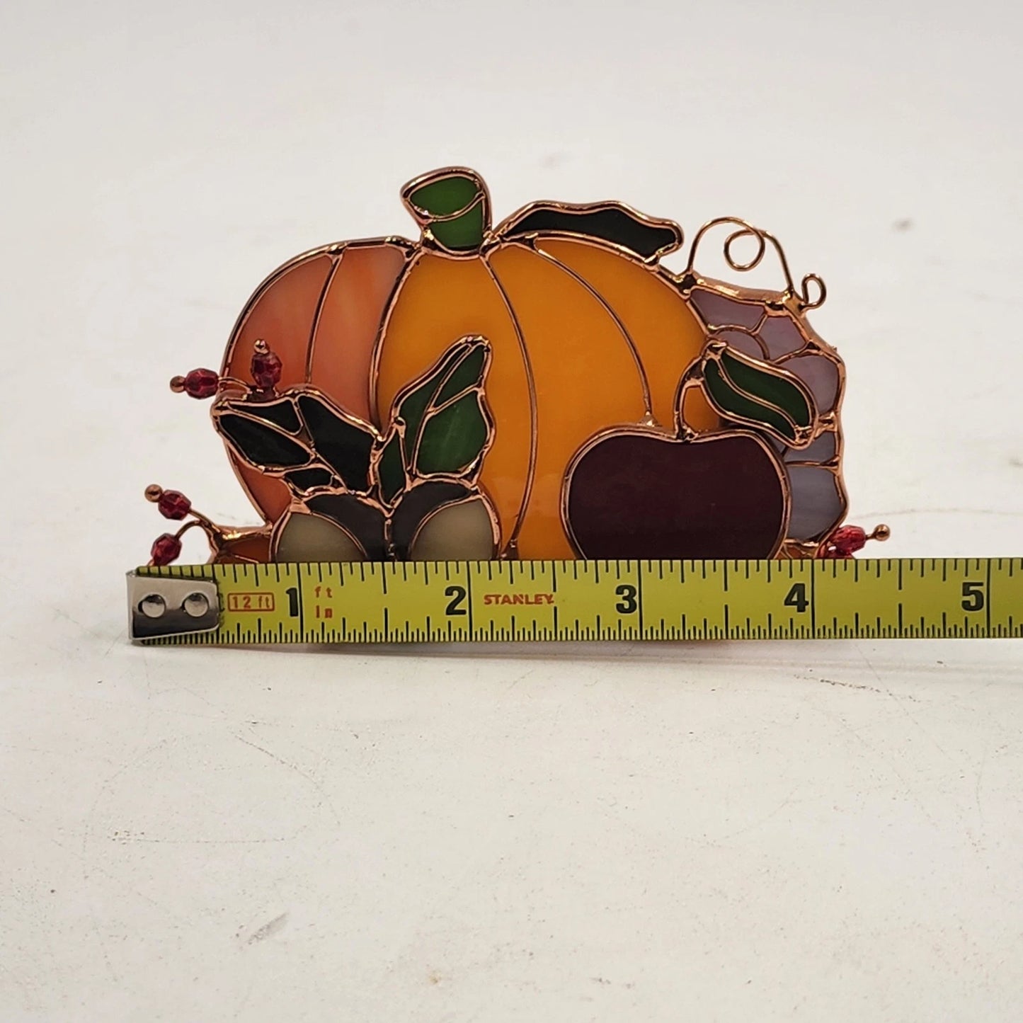Stained Glass Pumpkin Tealight Holder Fall Apple Acorns 3D Decor Translucent Vtg
