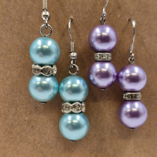 2 Set Earrings Teal & Lavender Faux Pearl Beads with Rhinestone Drop Dangle Hook
