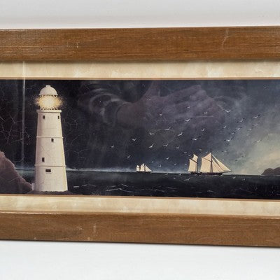 Set 2 Martin Wiscombe Lighthouse Print Wall Art Brown Frame Distressed 10.5x22.5