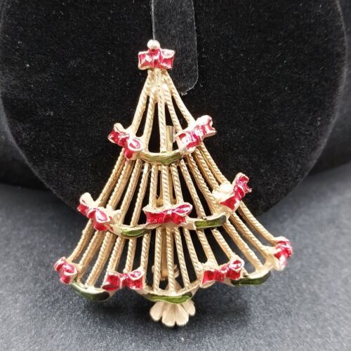 Goldtone Brooch Christmas Tree Hand Painted Red Ribbon Green Garland 2.25 in