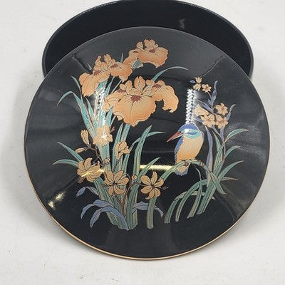 Japan Ceramic Trinket Pot Box 6" Black Gold Gilt Bird & Flowers Ring Box