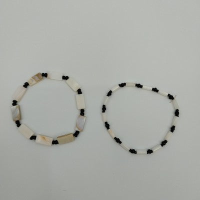 Set of 2 Bracelet Faux Pearl Black & White Beads Cylinder Rectangle Stretch 7.5"