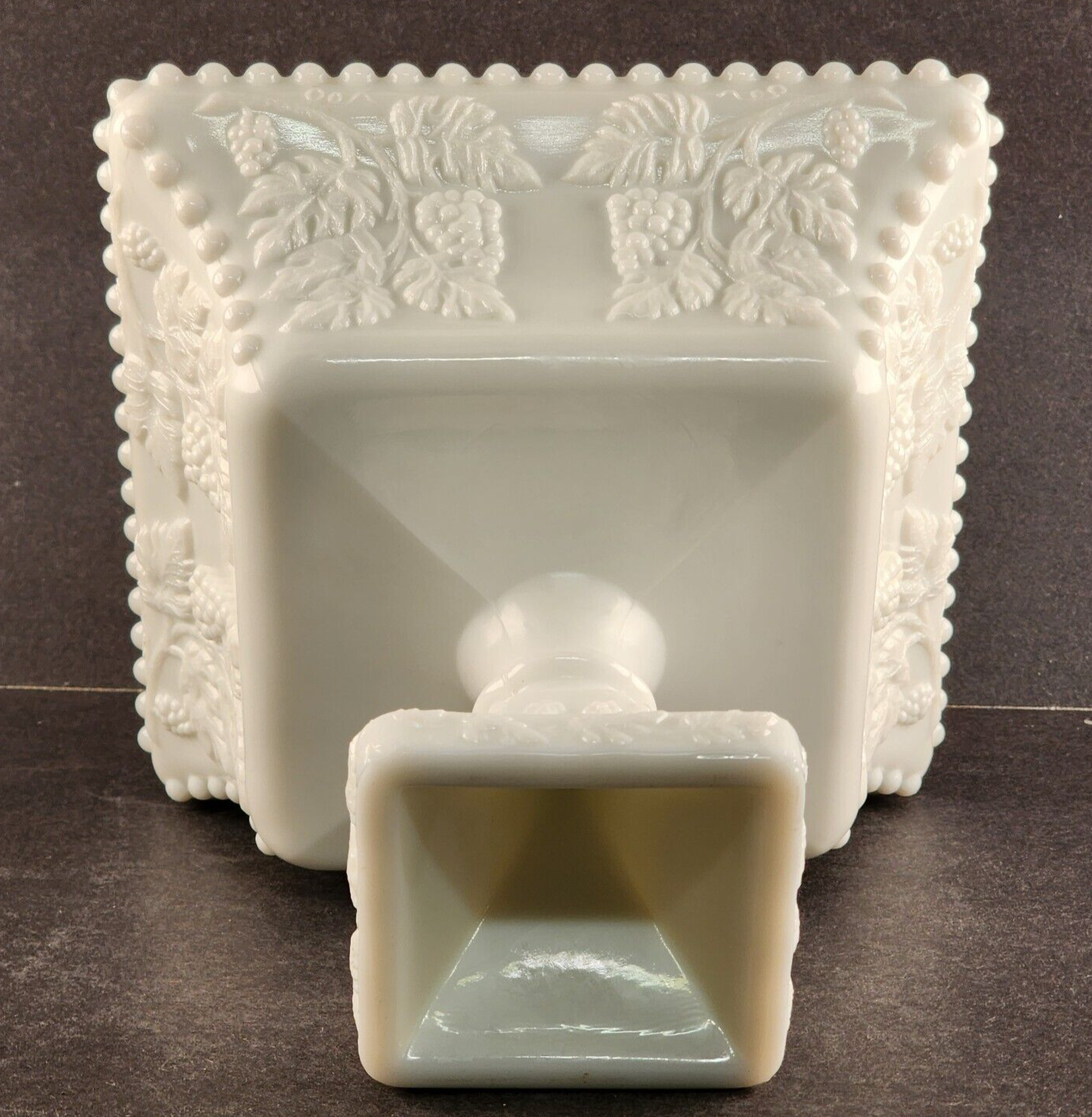 Large Milk Glass Square Compote & Lid Westmoreland Beaded Grape Pedestal Vintage