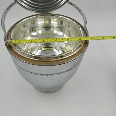Silver Chromium Solid Brass Ice Bucket Cooler Hinged Lid Arm & Glass 13" 1950's
