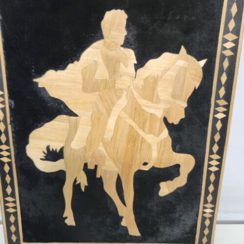 Horse & Rider Wood Inlay Marquetry Wall Art Border Panel Velvet Background 10"w