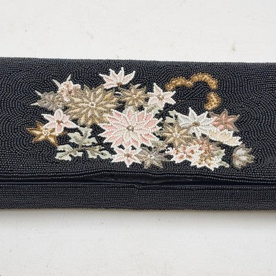 Black Small Beaded Clutch Purse 3 Inner Pockets Flower Embroidered w Glass Beads