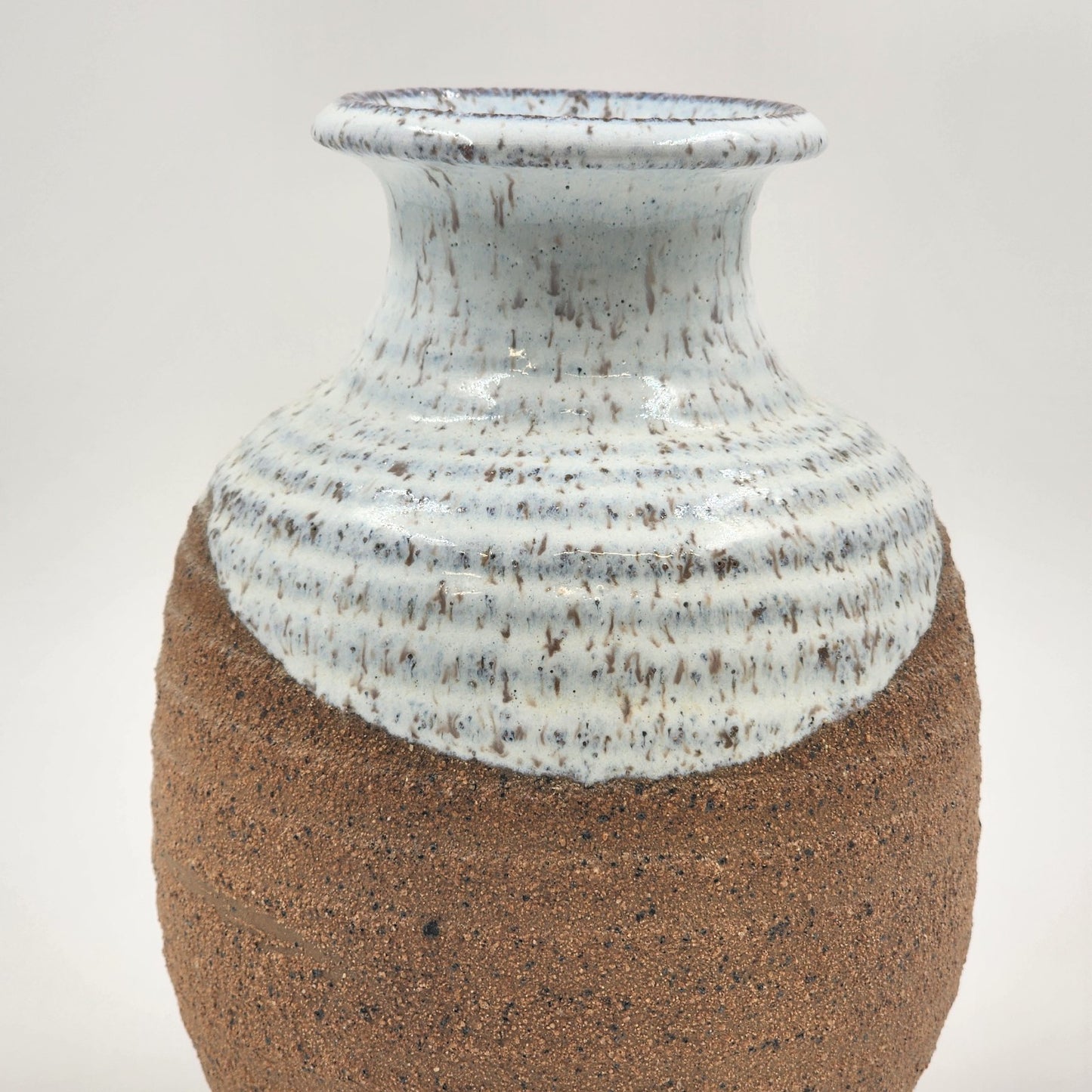 Hand Made Studio Pottery Vase 8.5"h Brown Ringed Clay Glazed Upper and Inside