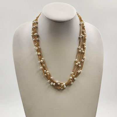 Necklace in Gold Tone Multi Chains with Faux Pearls Double Strand 11" Box Clasp