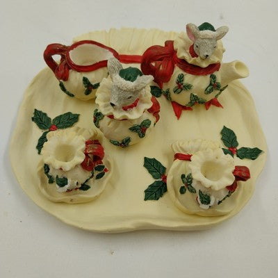 Youngs Inc Mini Tea Set 1995 Christmas Red Ribbons Holly 6" Collectible