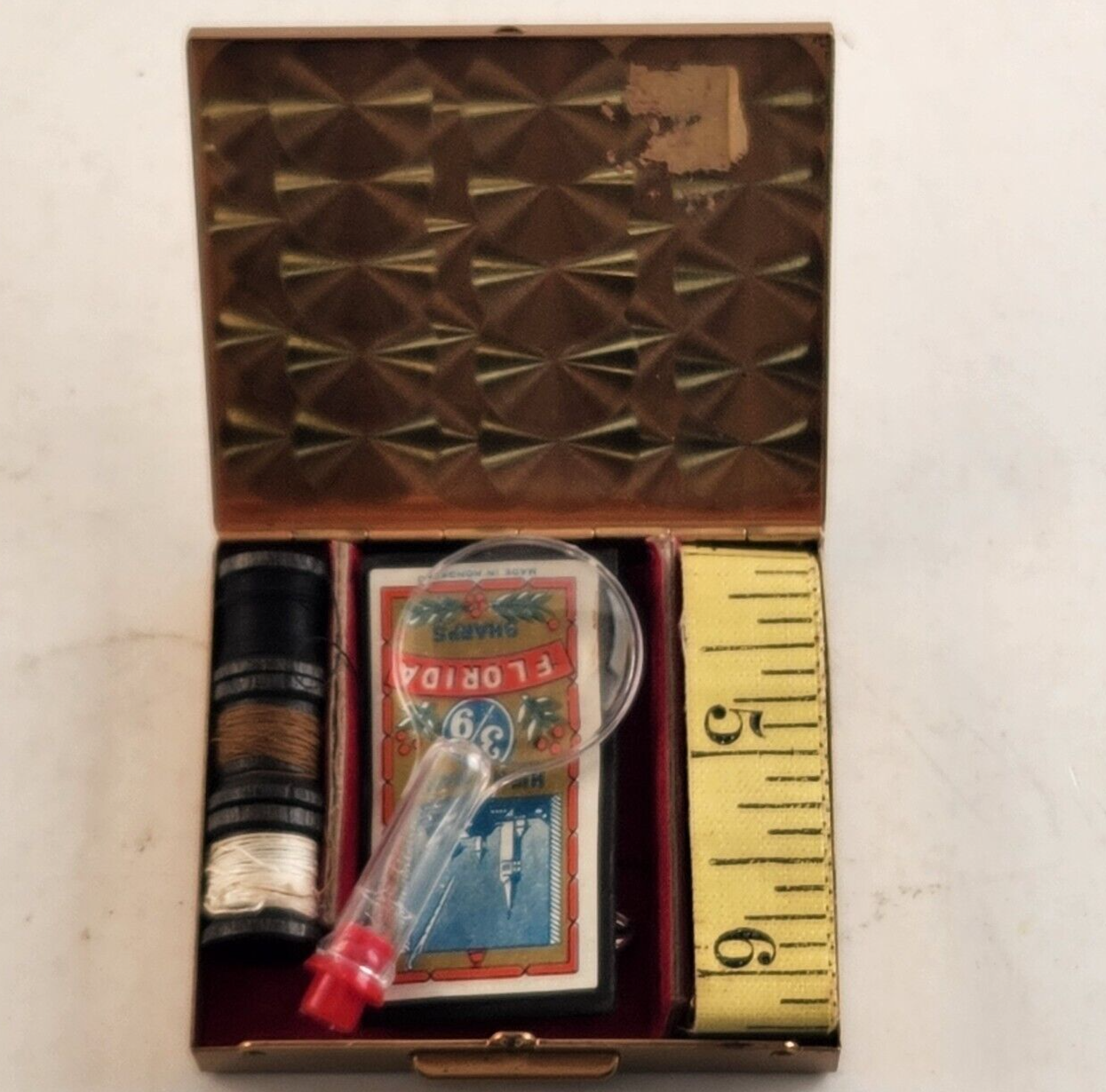 Vintage Sew 'n Stuff Gold Metal Sewing Kit Rhinestones Florida 3"