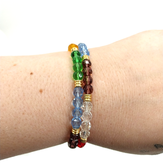 Set of 2 Multicolor Bracelets Faux Pearl Faceted Glass Beads with Gold Tone 6.5"