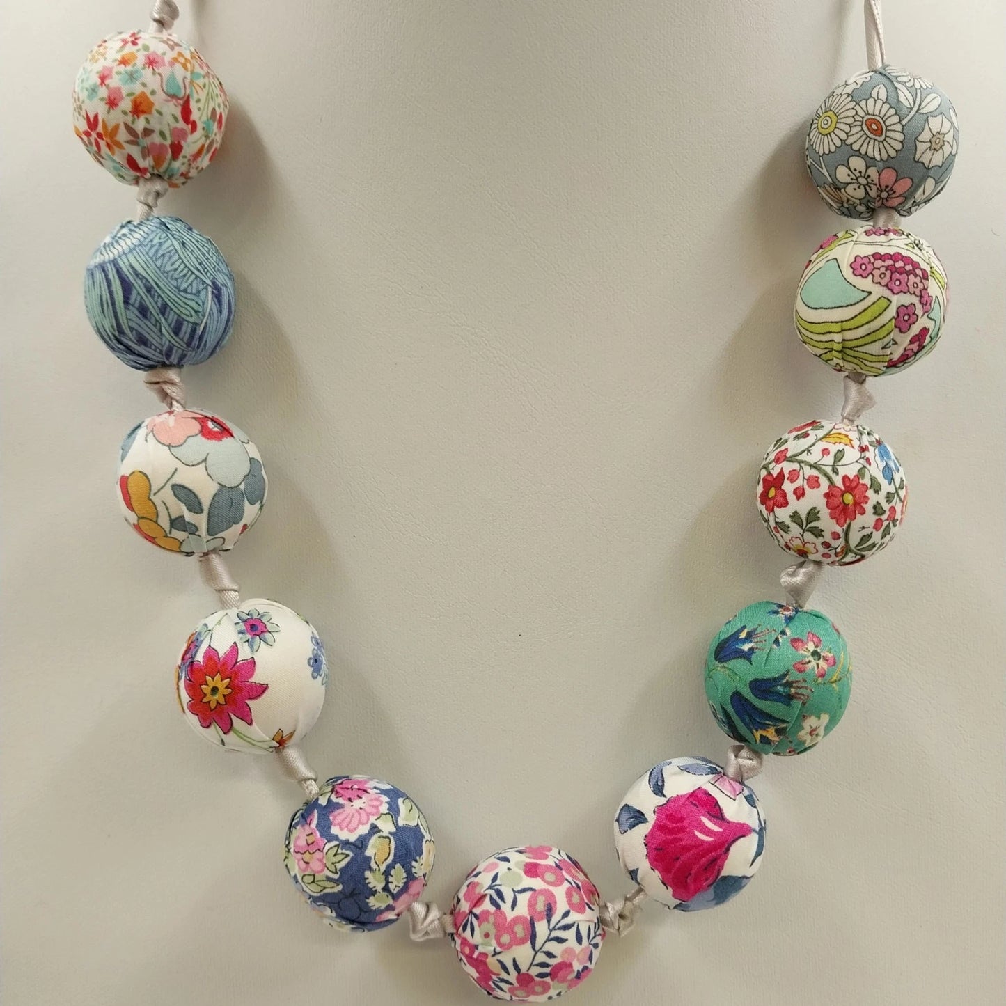 Multicolor Fabric Covered Beaded Boho Necklace Adjustable Satin Ribbon Tie