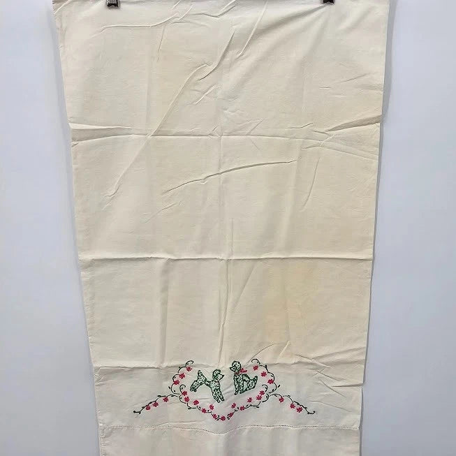 Poodle Embroidered Pillowcases Pair Pink Green Mid Century Kitschy 32" Vtg 1950s