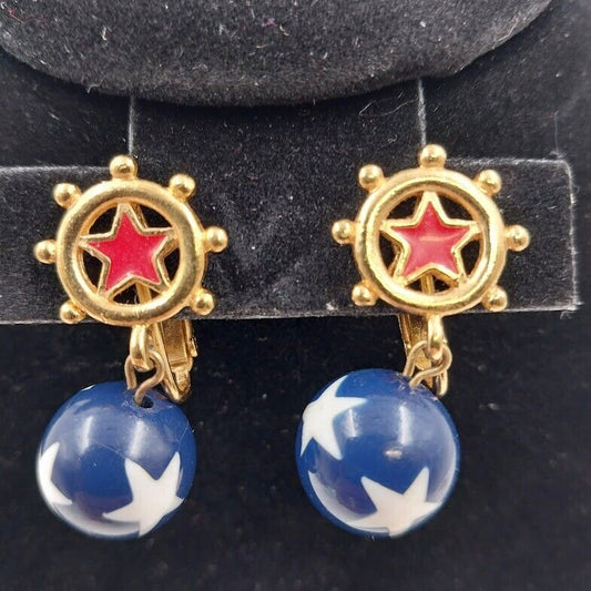 Avon 1993 Patriotic Flag Enamel Star Dangle Pierced Clip Earrings 1.25"