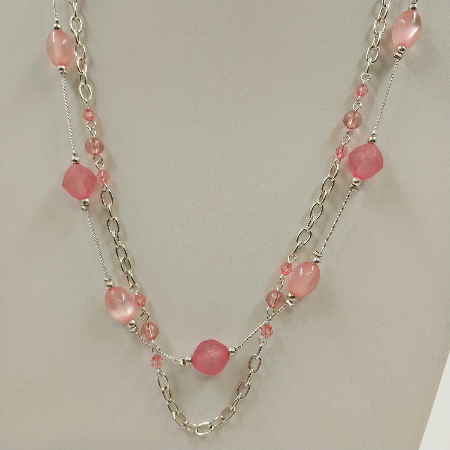 Silver Tone Necklace and Earrings Set in Pink Faux Pearl Beads Double Strand 15"