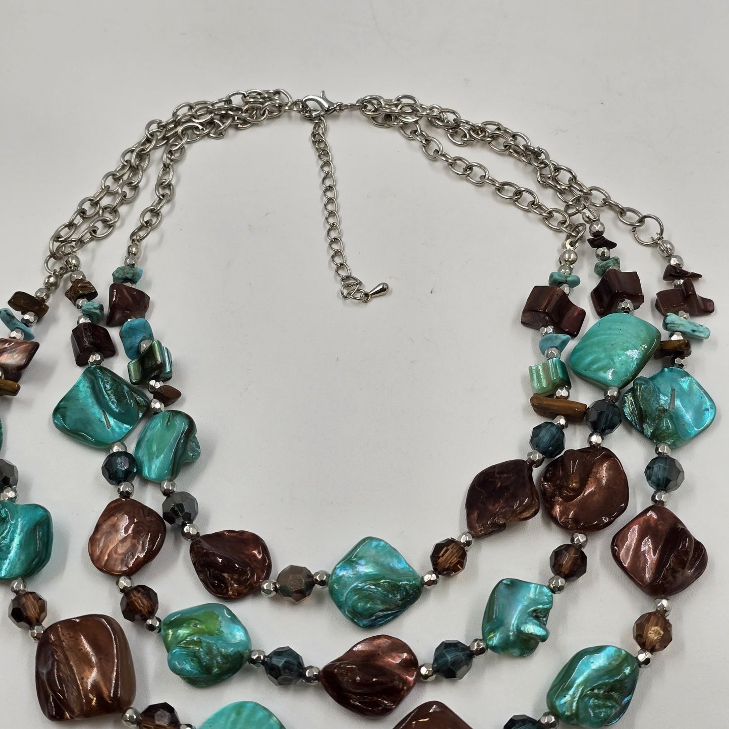 Triple Strand Necklace in Brown Turquoise Glass Beads Bohemian Silver Tone Chain