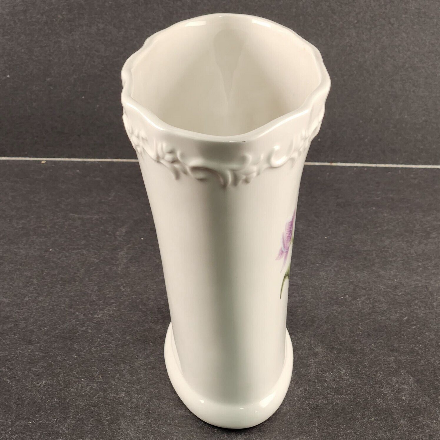 FTD Oval Ceramic Vase Purple Tulips Green Leaves Vintage 6.5" x 3.5" x 5.75"