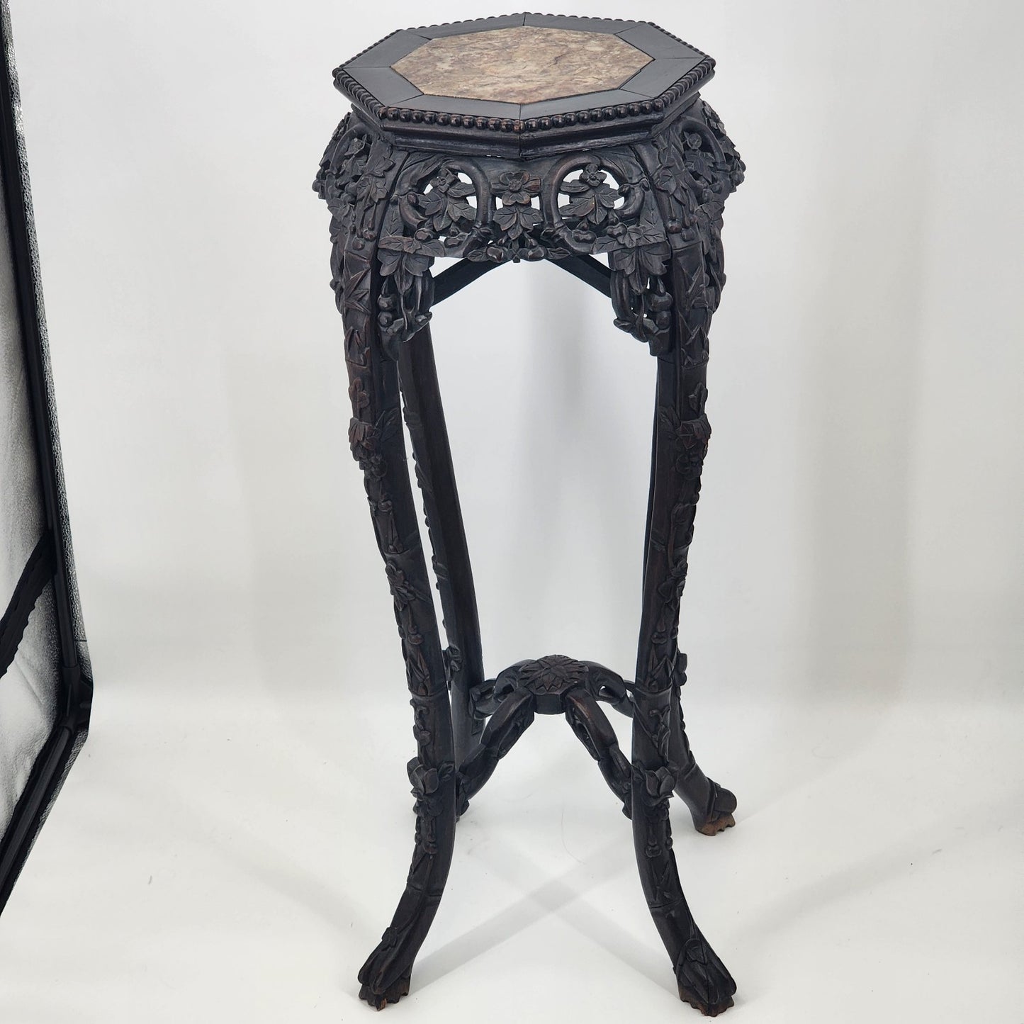 Chinese Jardiniere Tall Stand Hand Carved Wood Marble Side Pedestal Table 35"